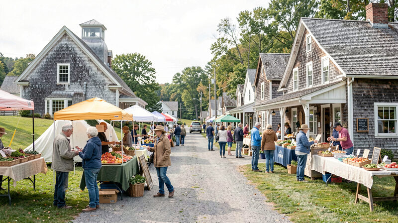 A Sunday morning on the market row in Belgrade Lakes village, tents pitched along a gravel lane between cedar-shingled buildings, shoppers browsing crates of produce in soft overcast light.