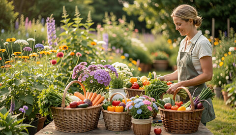 A market garden in Palmyra with close rows of herbs, flowers and vegetables, harvesting baskets waiting at the field edge and open pasture beyond.